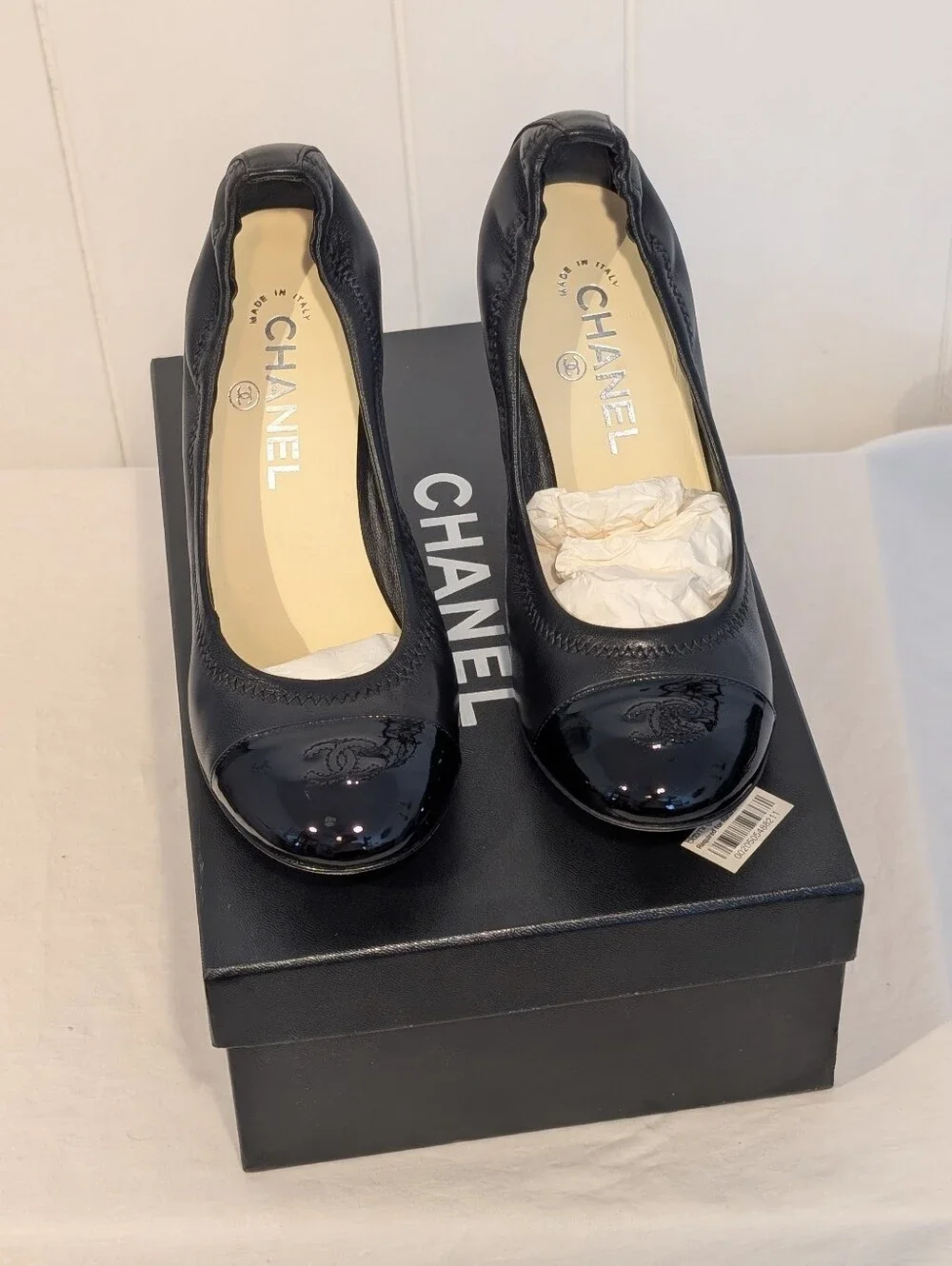 Chanel Black Patent Cap-Toe Leather Pumps